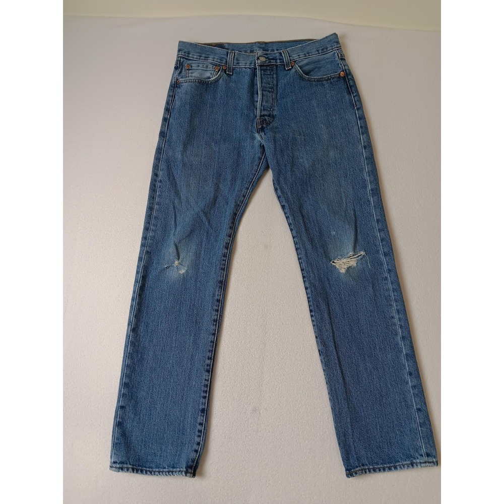 Levi's 501 Jeans Mens‎ 30x30 Blue Medium Wash Straight Denim Distressed Button
